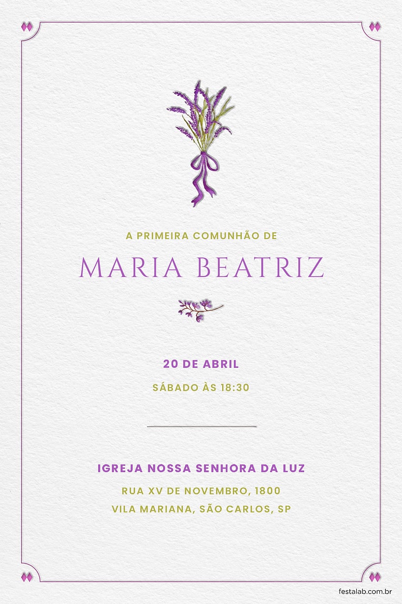 Modelo de Convite de Primeira comunhao - Ramo de flores lilas Criar convite de Primeira comunhão - Ramo de flores lilas| FestaLab