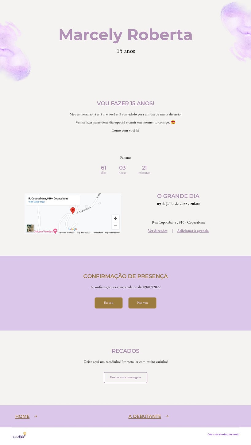 Convite Online Aniversário de 15 anos - Aquarela Roxa | FestaLab