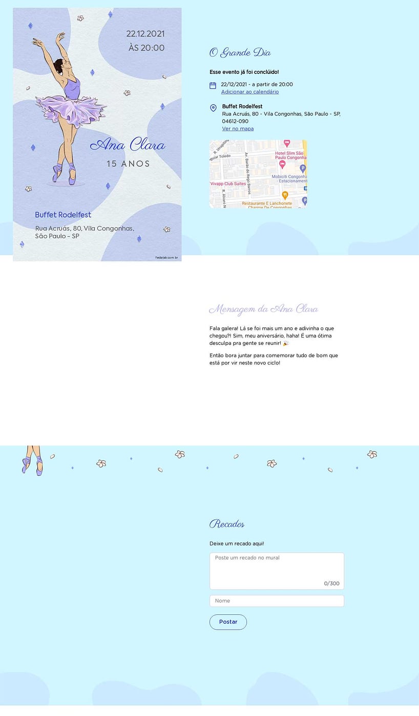 Convite Online Aniversário de 15 anos - Uma Celebração Bailarina | FestaLab