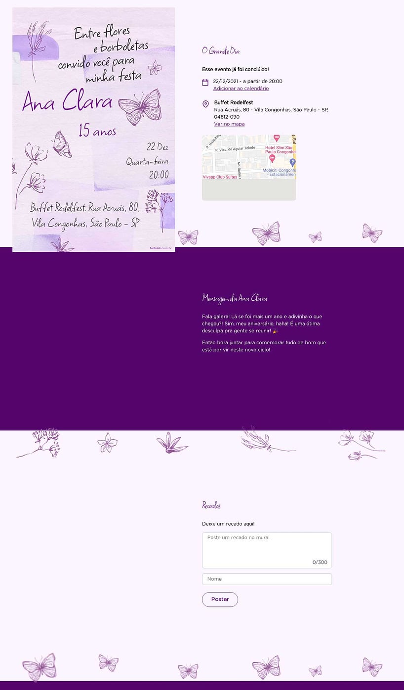 Convite Online Aniversário de 15 anos - Flores & Borboletas Lilás | FestaLab