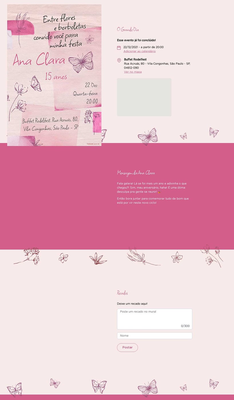 Convite Online Aniversário de 15 anos - Flores & Borboletas Rosa | FestaLab