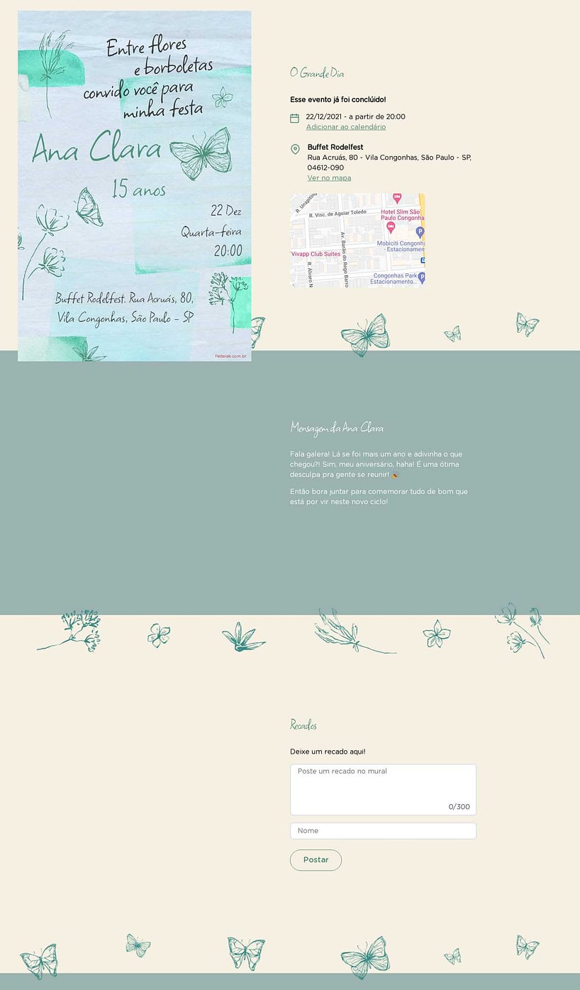 Convite Online Aniversário de 15 anos - Flores & Borboletas Verde | FestaLab