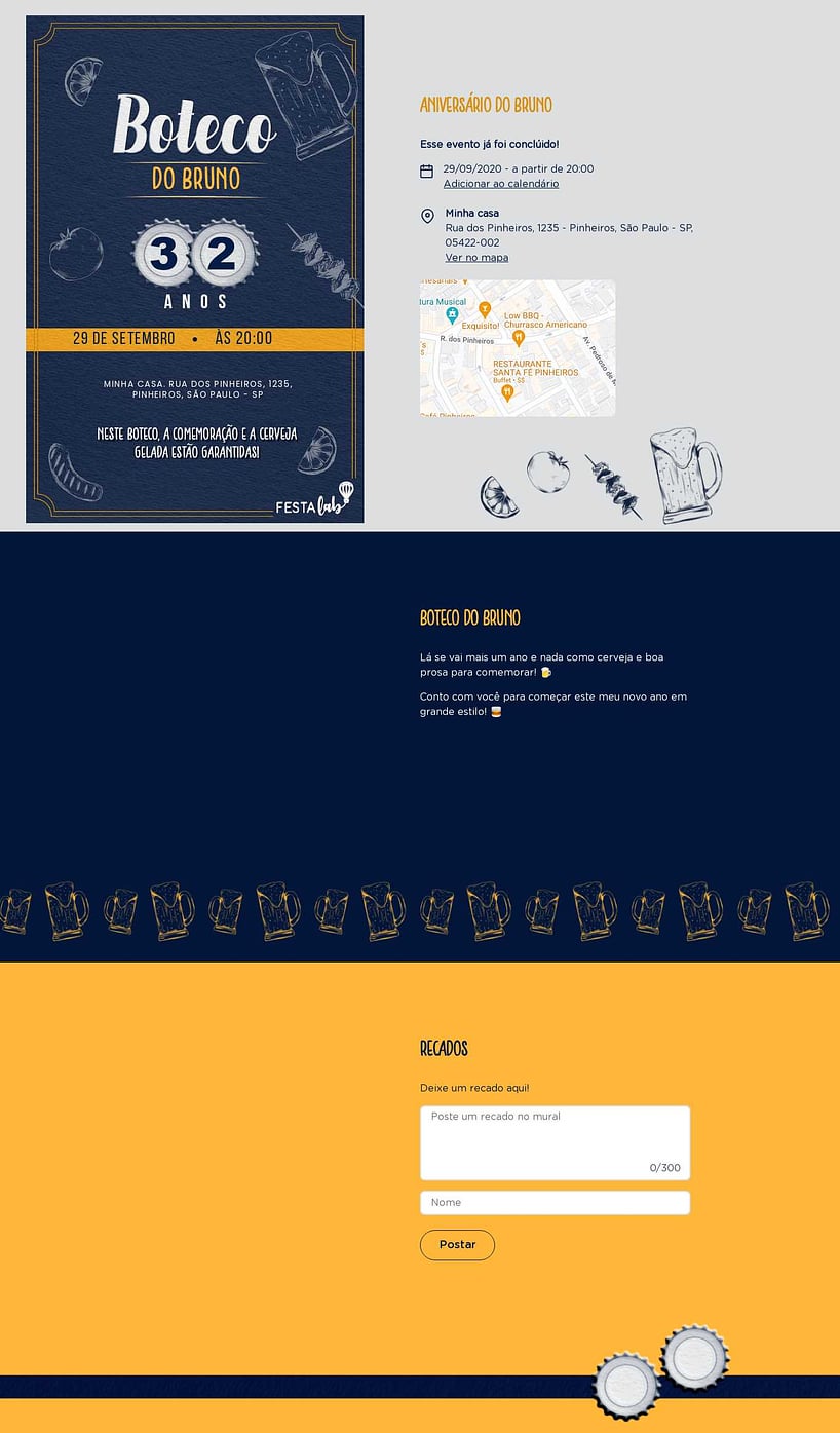 Convite online de aniversário - Boteco Clássico azul e amarelo| FestaLab