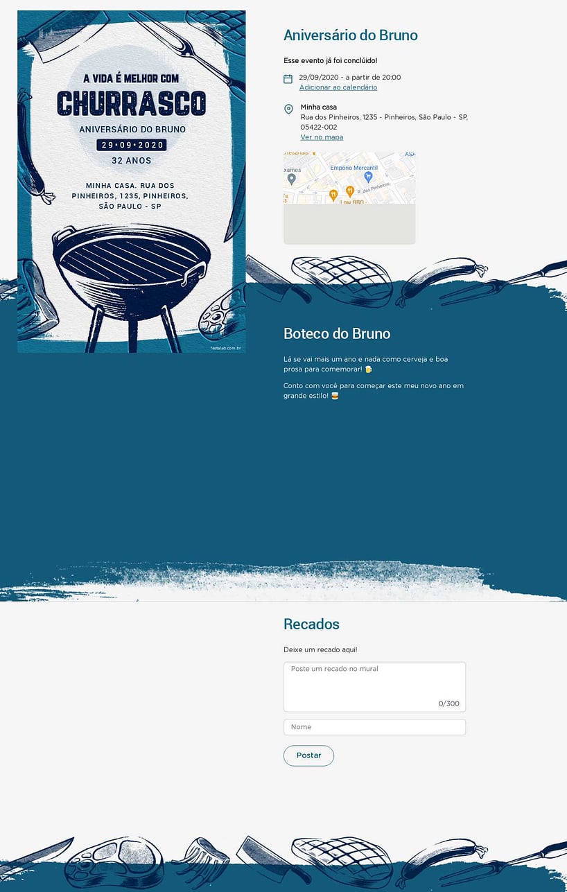 Convite online de aniversário - Churrasco na grelha azul| FestaLab