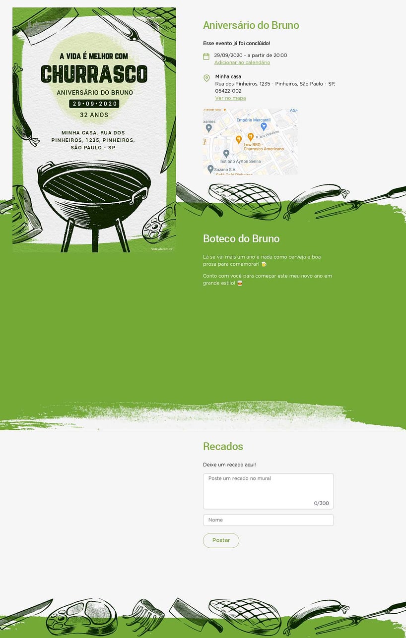 Convite online de aniversário - Churrasco na grelha verde| FestaLab