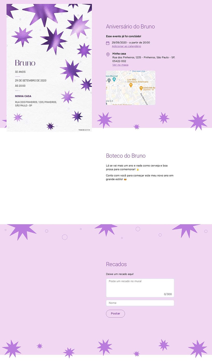 Convite online de aniversário - Estrelado Roxo| FestaLab