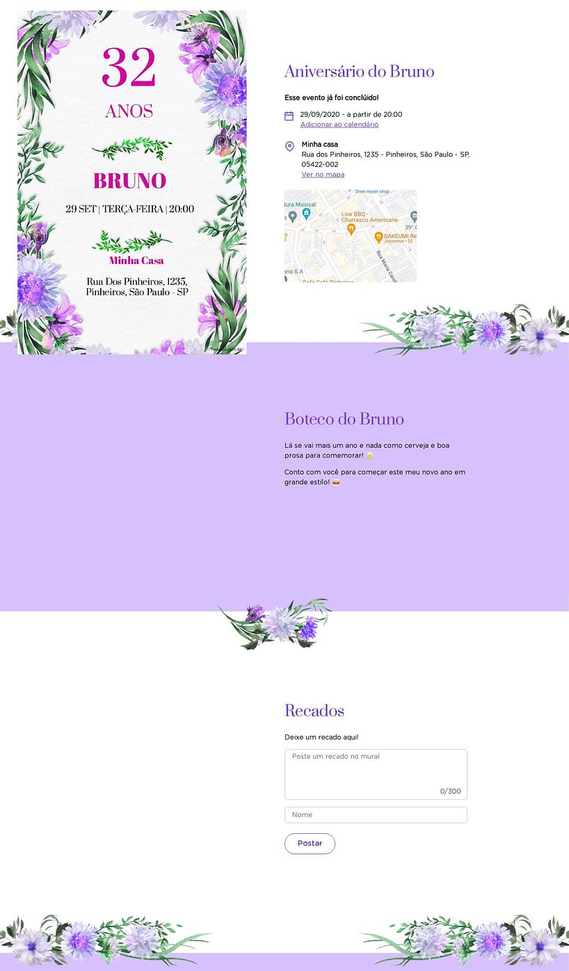 Convite online de aniversário - Galhos & Flores Lilás| FestaLab