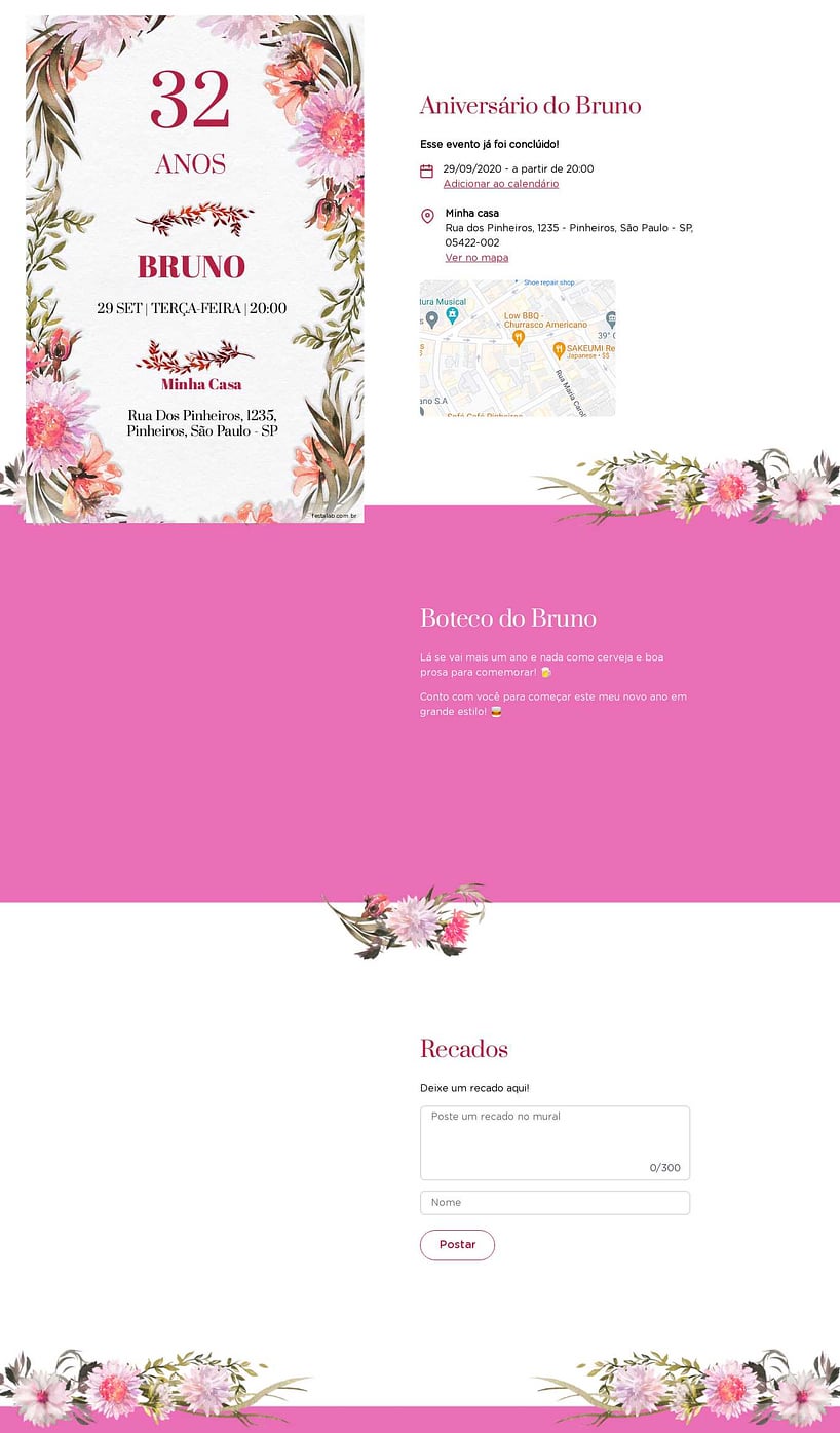 Convite online de aniversário - Galhos & Flores Rosas| FestaLab
