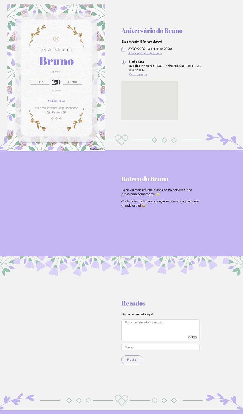 Convite online de aniversário - Raminhos Lilás| FestaLab