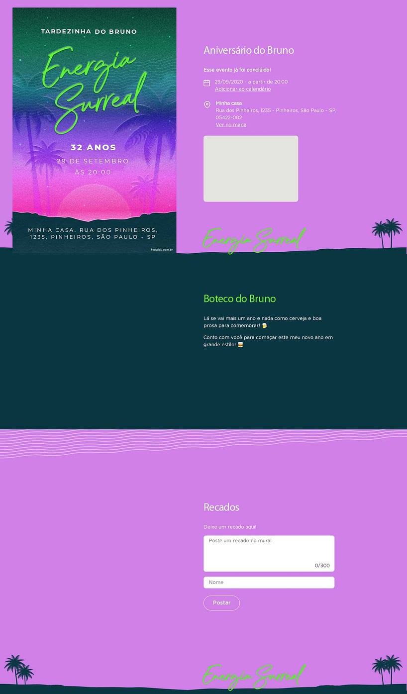 Convite online de aniversário - Uma Festa ao Pôr do Sol: Verde e Roxo| FestaLab
