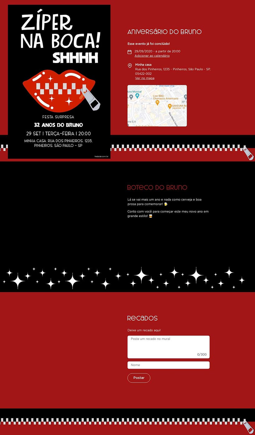 Convite online de aniversário - Zíper na Boca| FestaLab