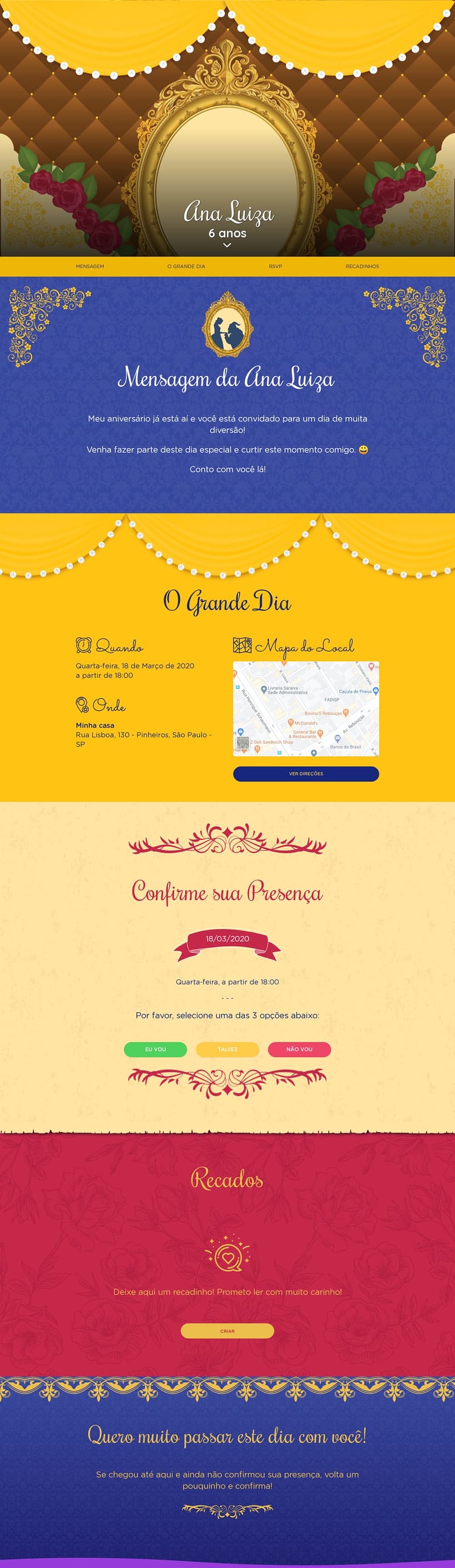 Convite online de aniversário - A Magia de A Bela e a Fera - Amarelo| FestaLab