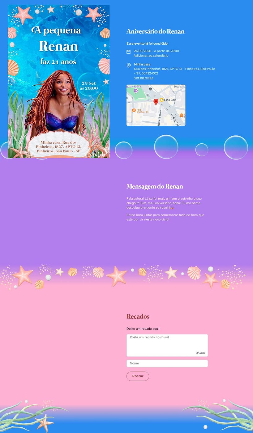 Convite online de aniversário - A pequena sereia entre as conchas.| FestaLab