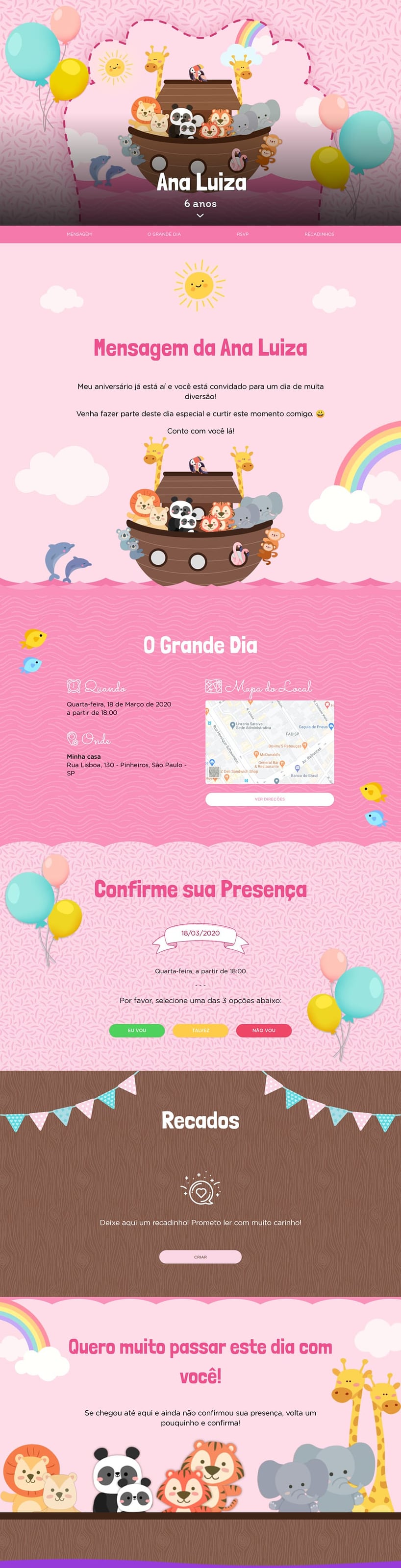 Convite online de aniversário - Arca de Noé Rosa| FestaLab