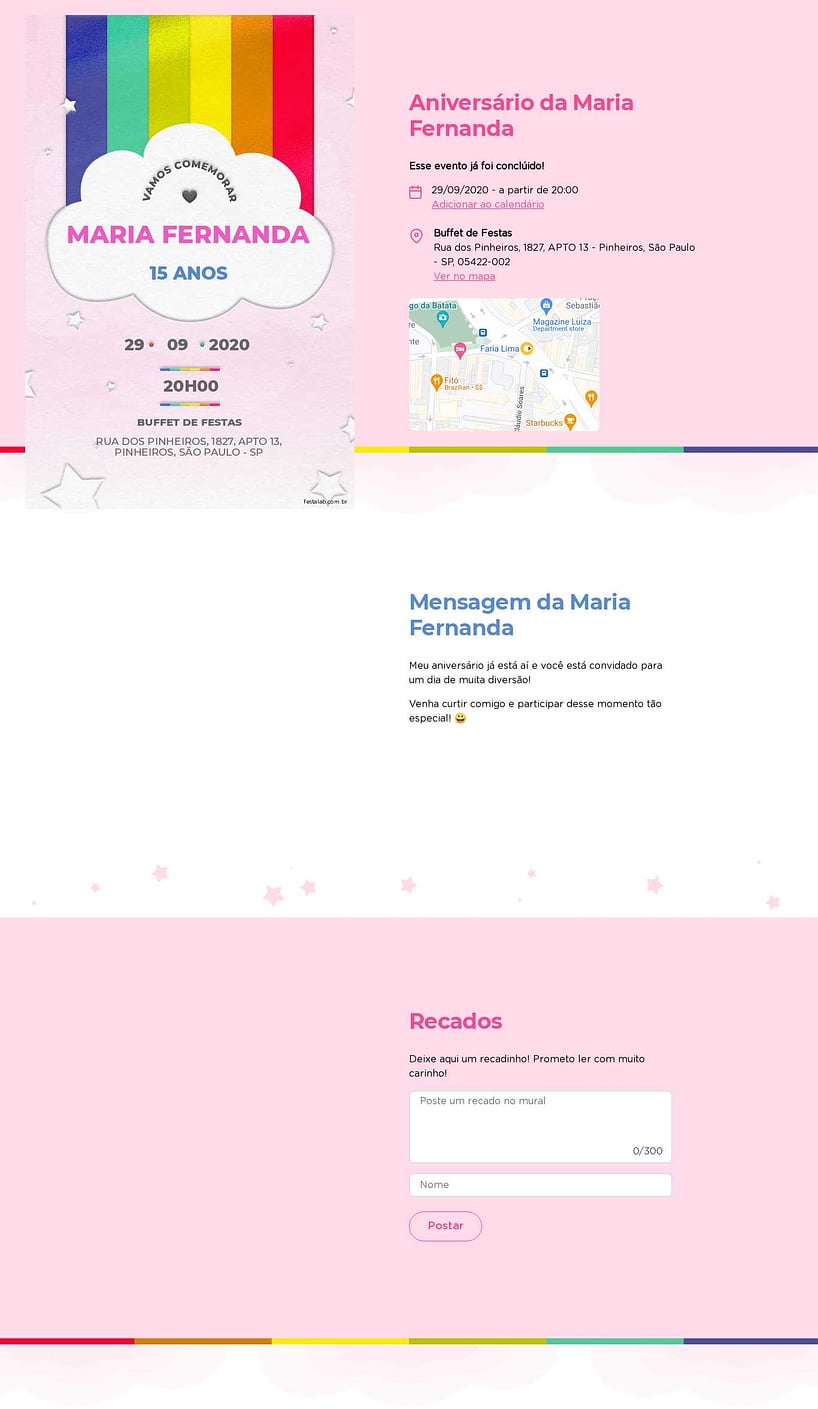 Convite online de aniversário - Arco Iris rosa| FestaLab