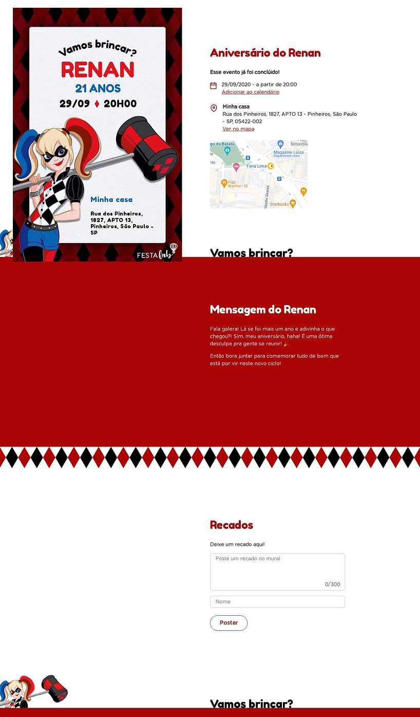 Convite online de aniversário - Arlequina| FestaLab