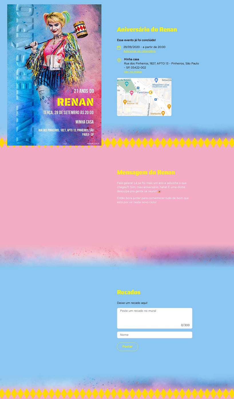 Convite online de aniversário - Arlequina azul e rosa| FestaLab