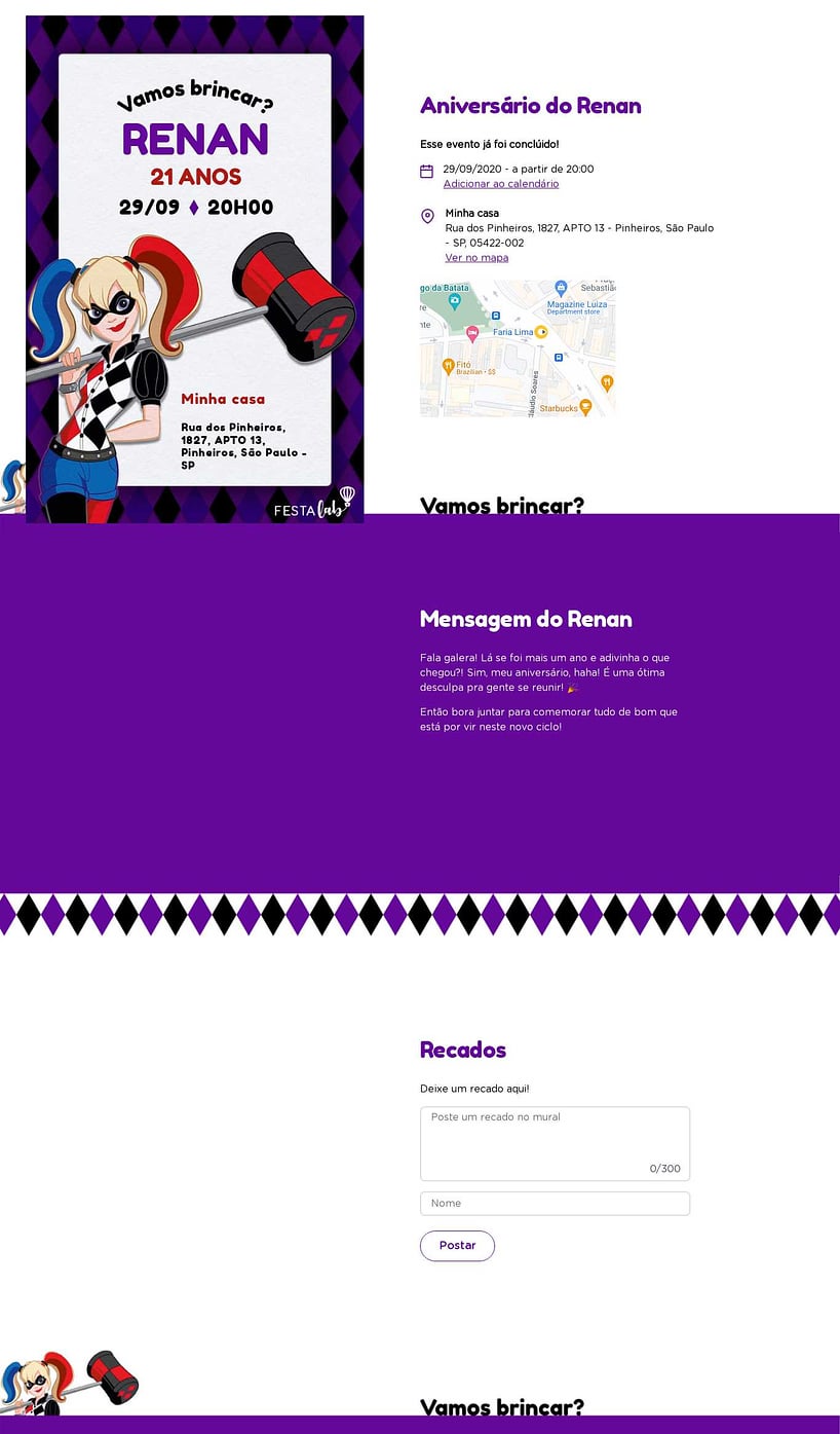 Convite online de aniversário - Arlequina Roxa| FestaLab