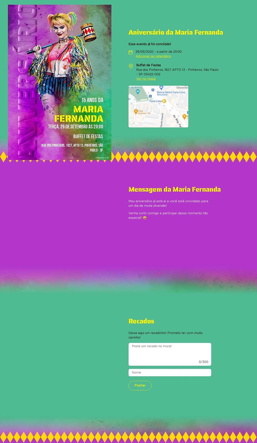 Convite online de aniversário - Arlequina roxo e verde| FestaLab