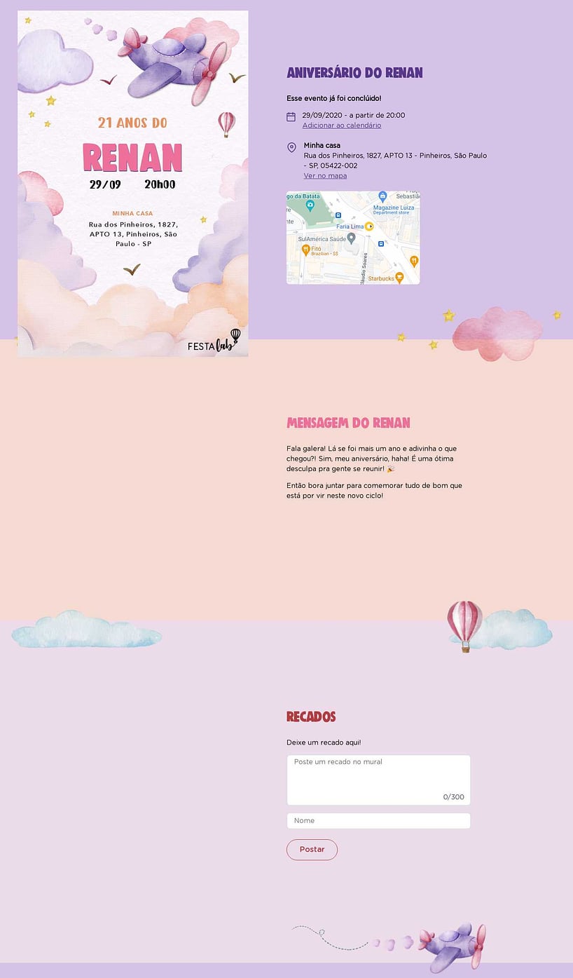 Convite online de aniversário - Aviãozinho rosa aquarelado| FestaLab