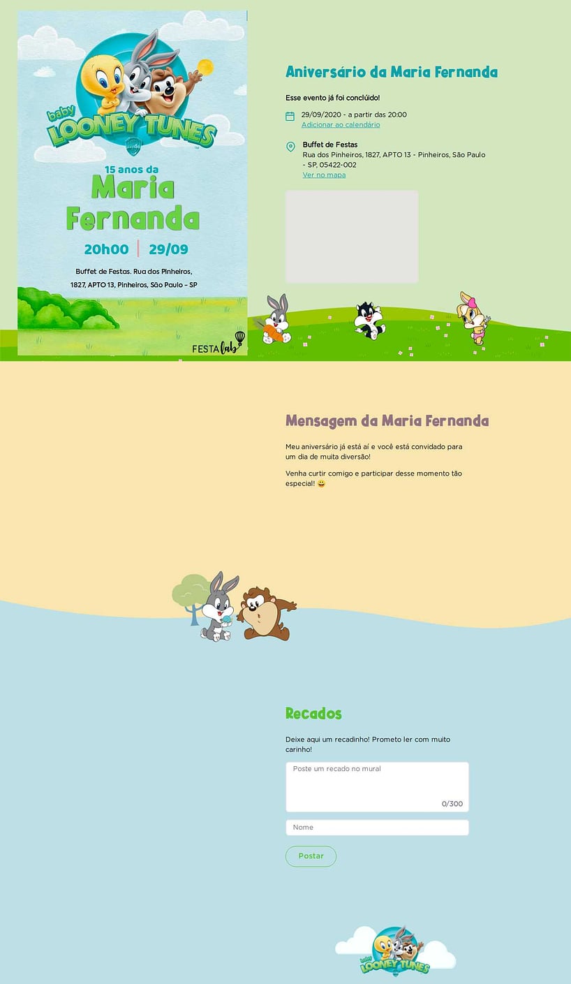 Convite online de aniversário - Baby Looney Tunes| FestaLab