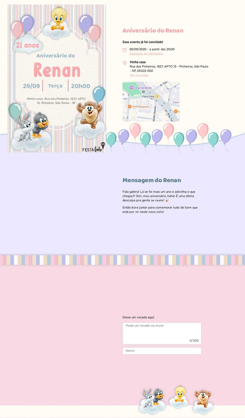 Convite online de aniversário - Baby Looney Tunes Listradinho de Rosa| FestaLab