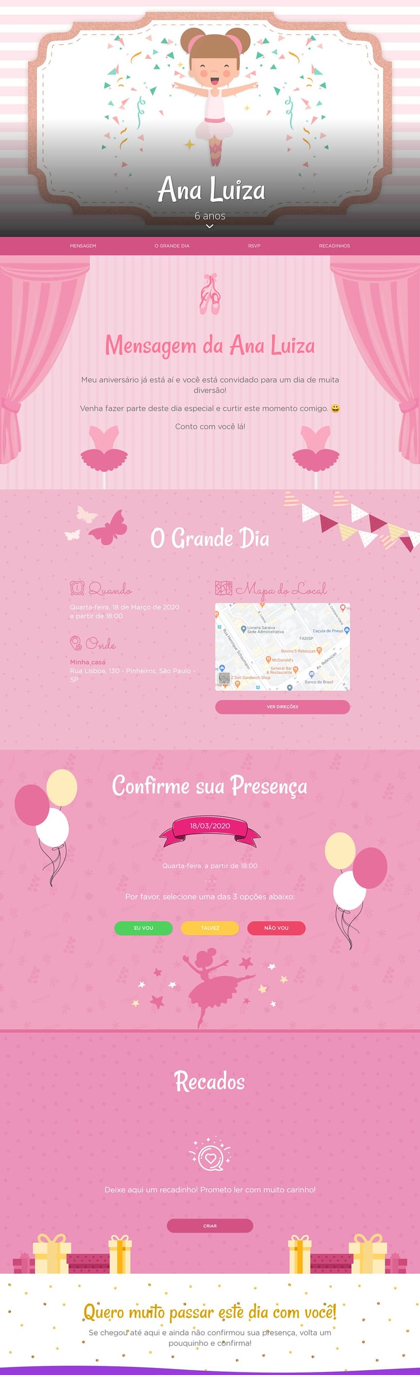 Convite online de aniversário - Bailarina| FestaLab