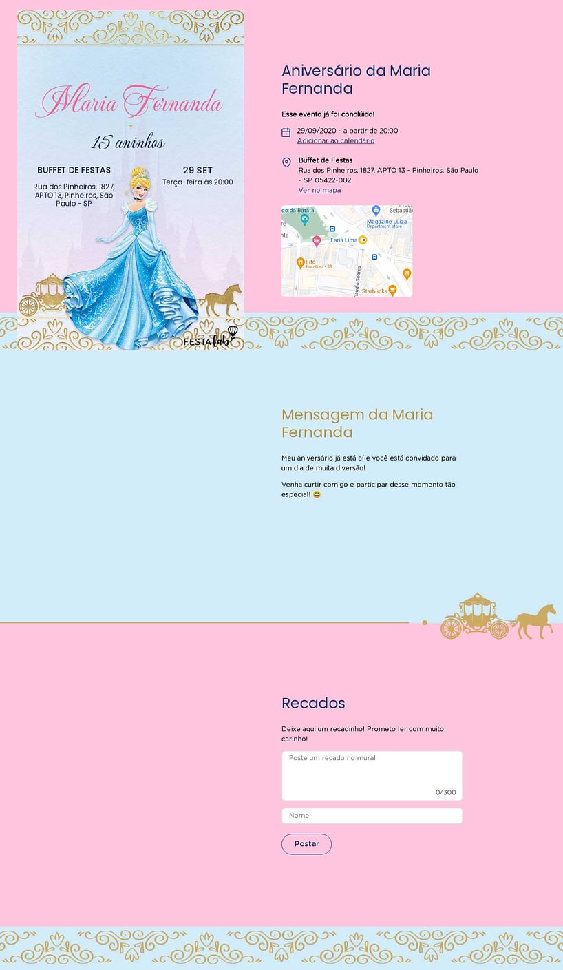 Convite online de aniversário - Baile da Cinderela Rosa| FestaLab