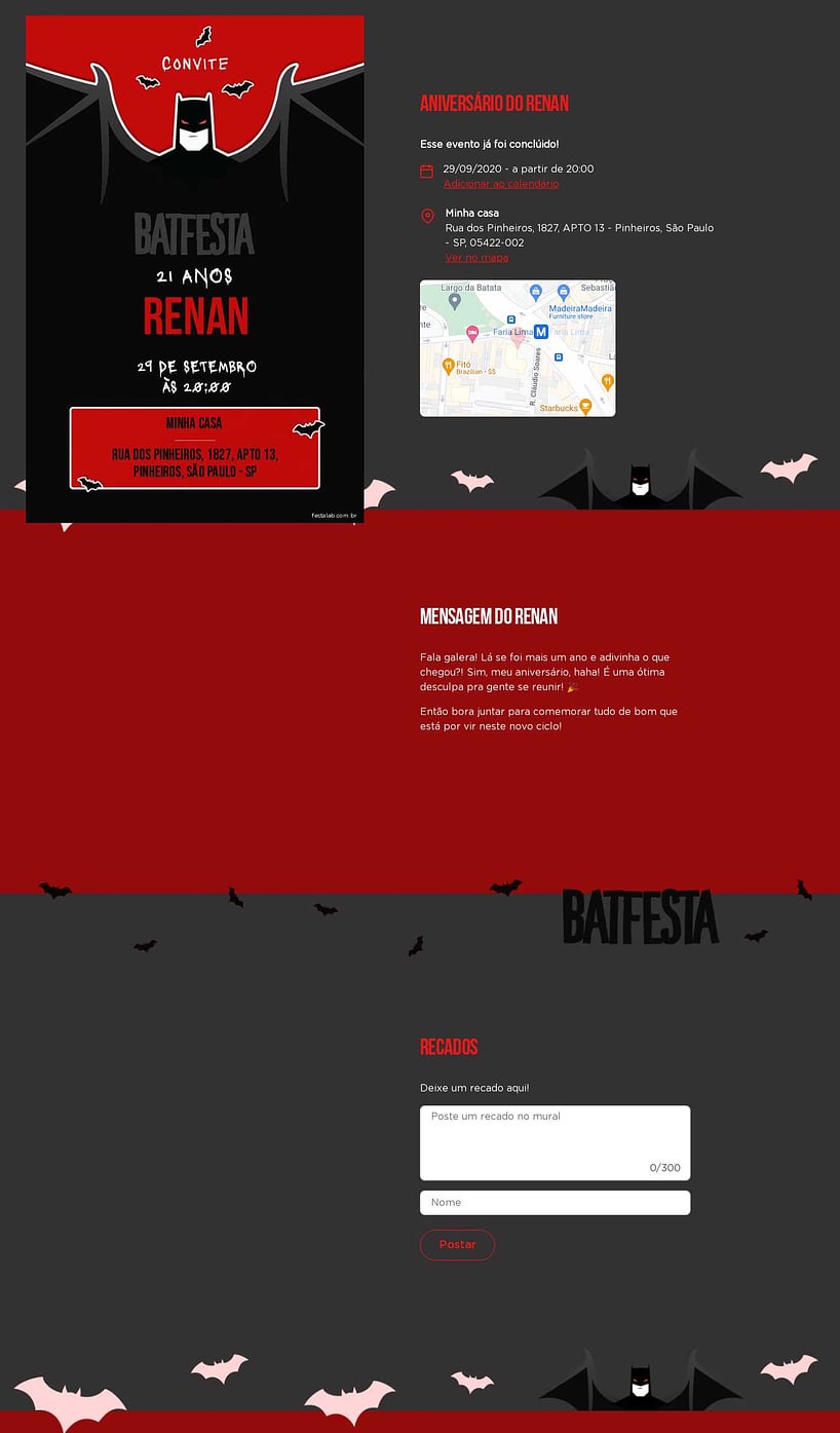 Convite online de aniversário - Batfesta Vermelho| FestaLab