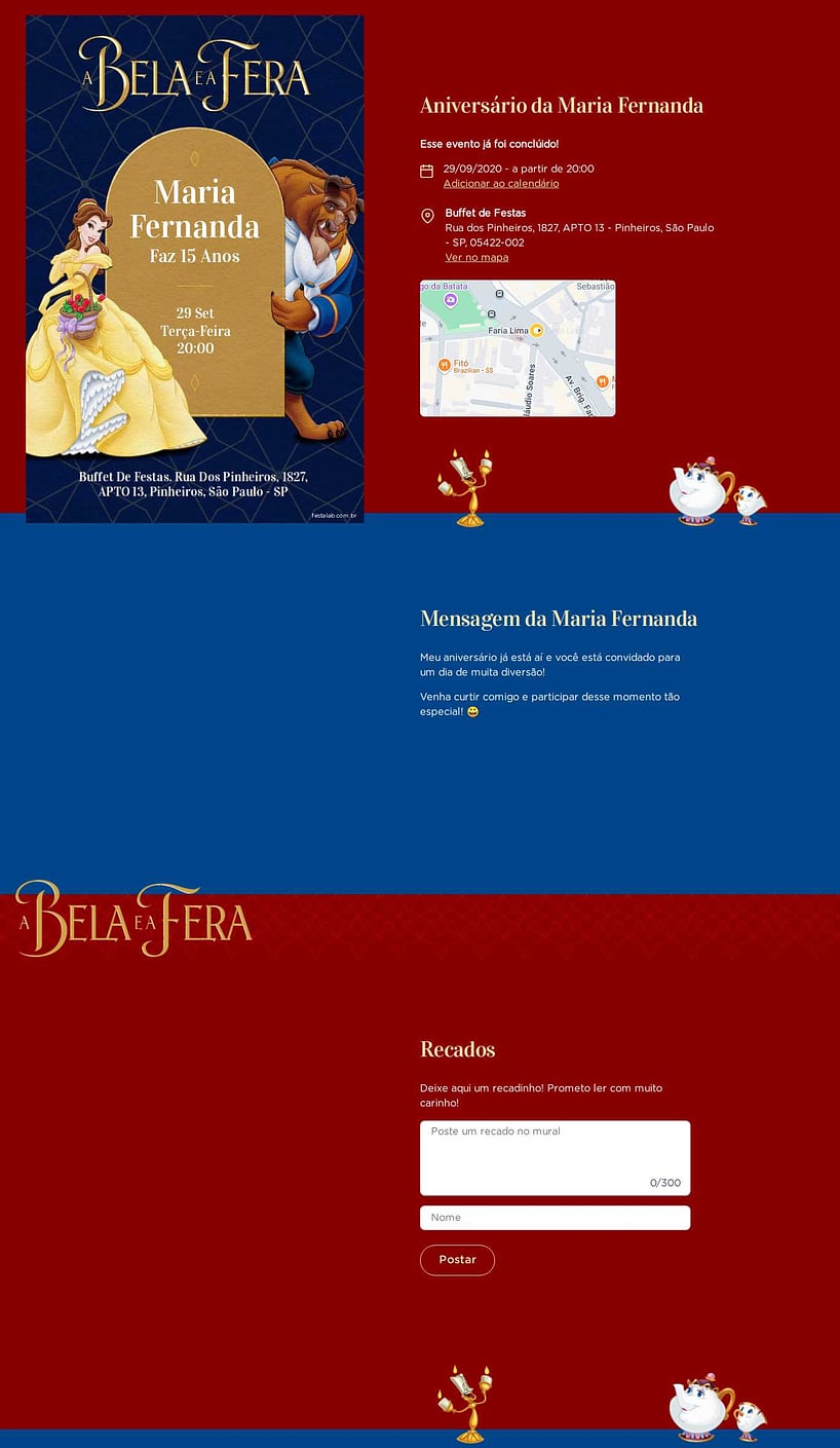 Convite online de aniversário - Bela e a Fera azul| FestaLab