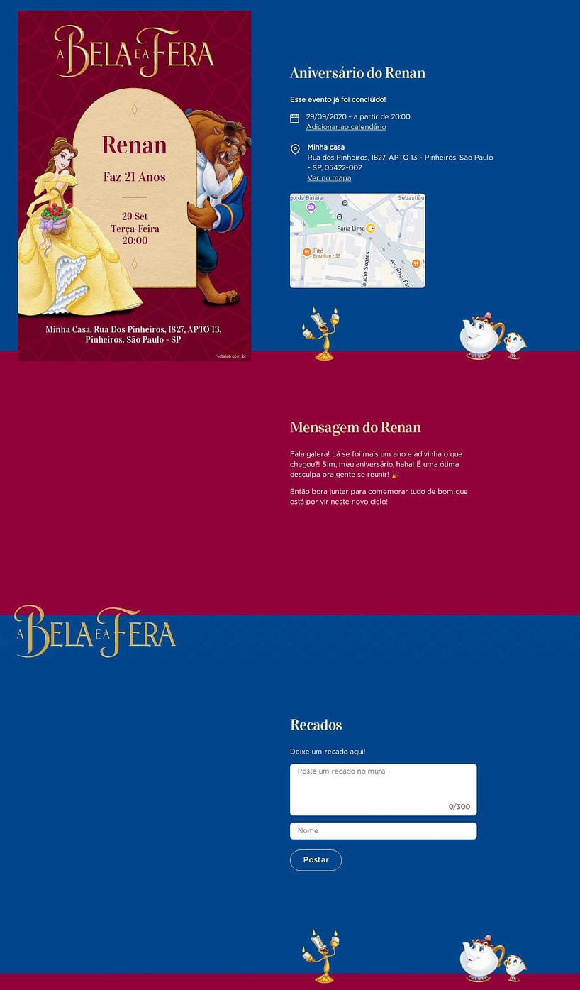 Convite online de aniversário - Bela e a Fera Vermelha| FestaLab
