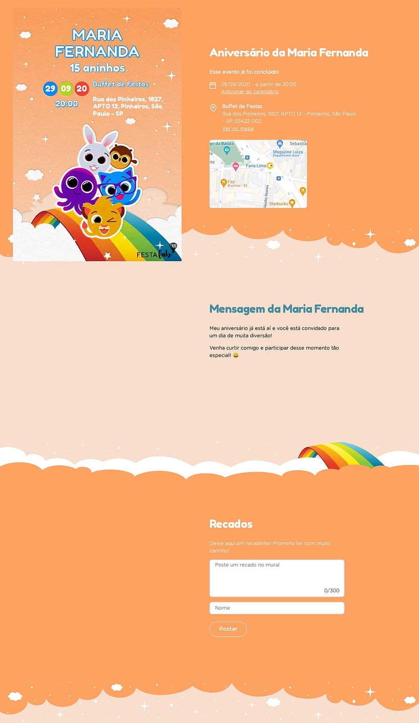 Convite online de aniversário - Bolofofos Arco-iris Laranja| FestaLab
