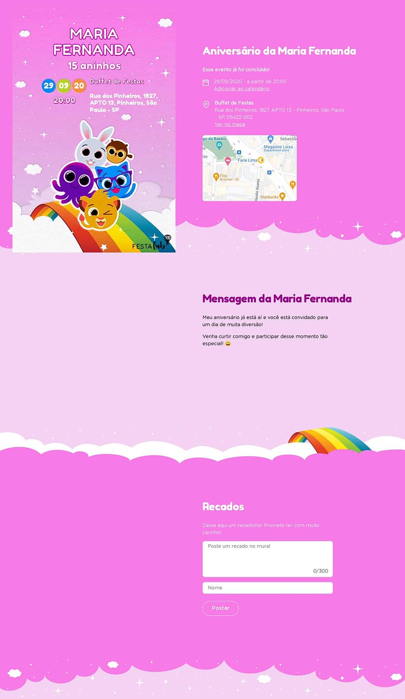 Convite online de aniversário - Bolofofos Arco-iris Rosa| FestaLab