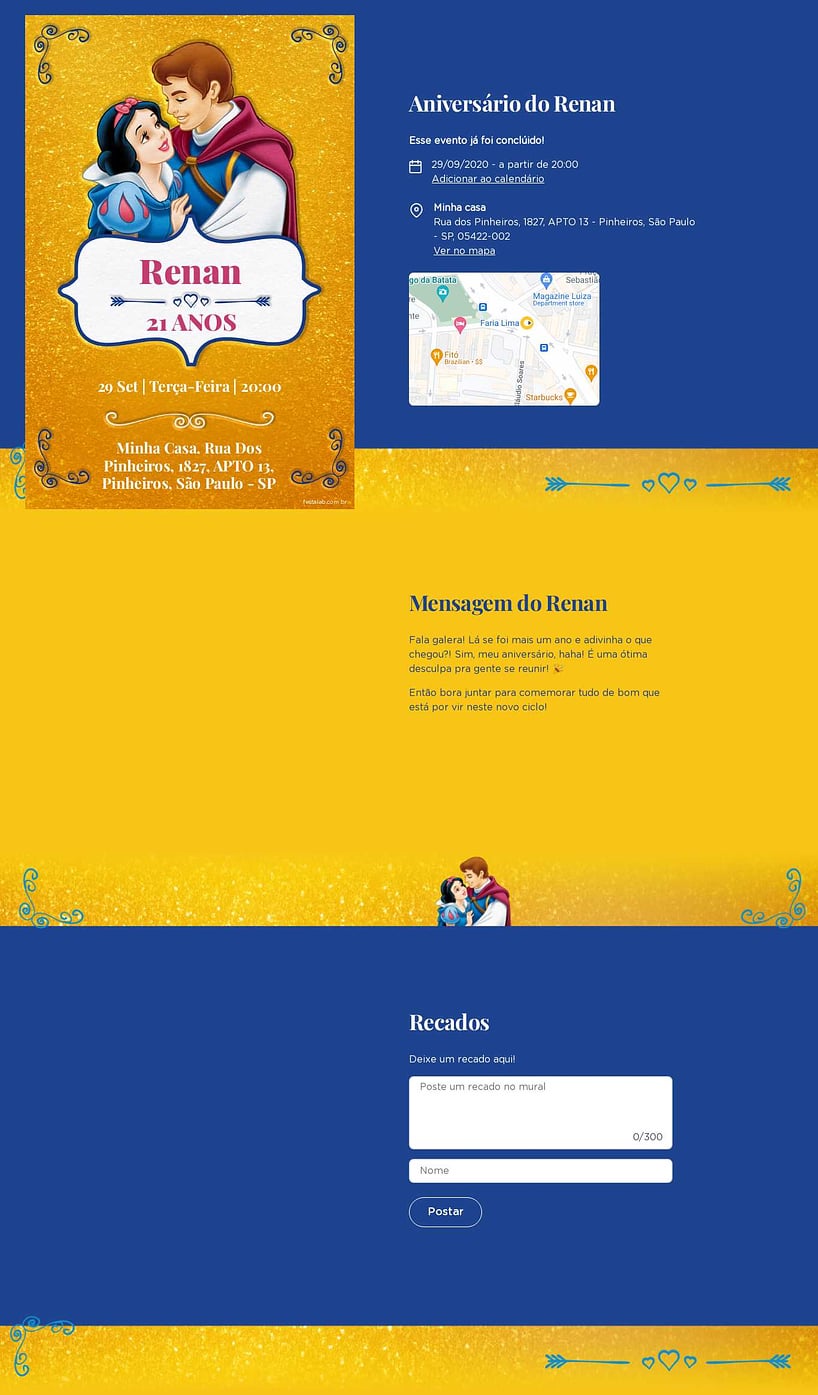 Convite online de aniversário - Branca de Neve - Dourado| FestaLab