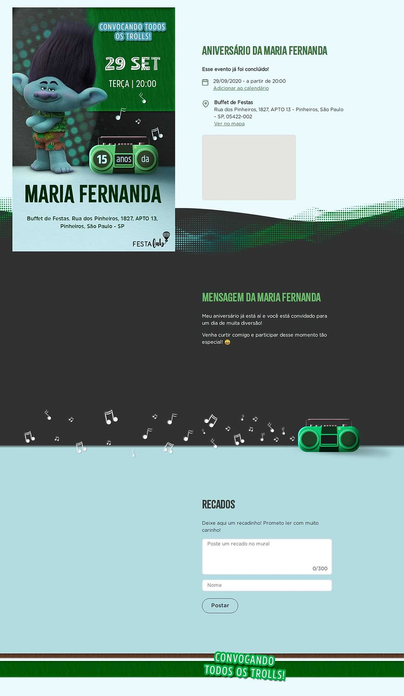 Convite online de aniversário - Branch Trolls| FestaLab