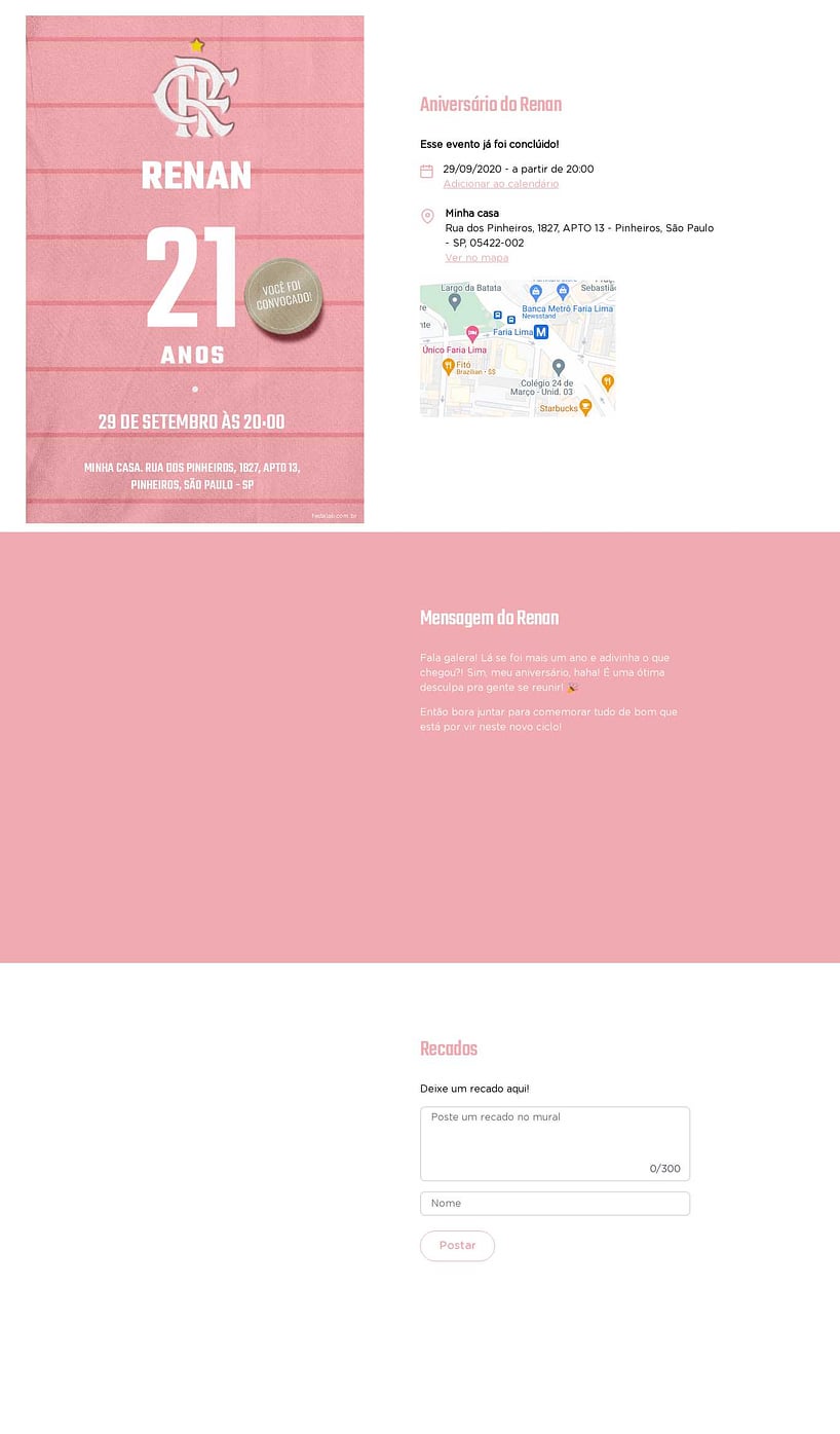 Convite online de aniversário - Camisa CRF Rosa| FestaLab