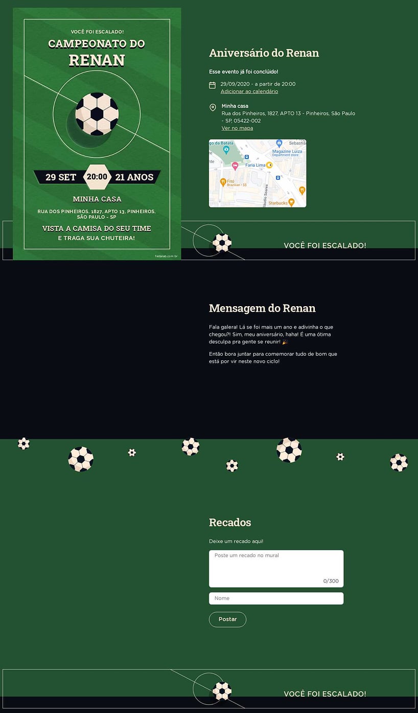 Convite online de aniversário - Campeonato| FestaLab