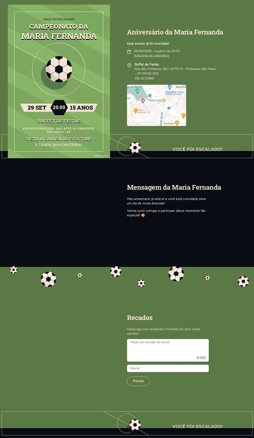 Convite online de aniversário - Campeonato Verde| FestaLab