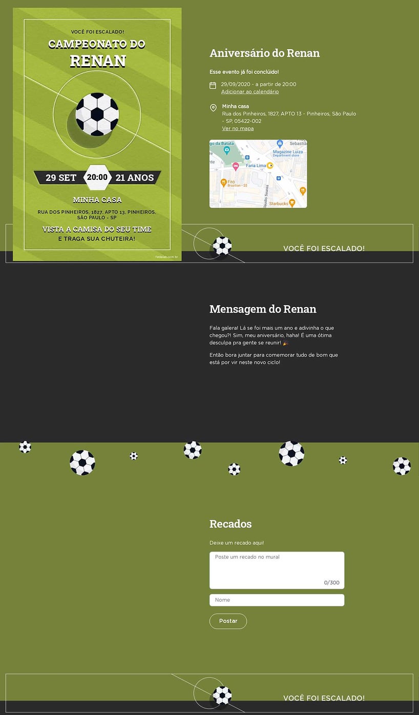 Convite online de aniversário - Campeonato verde Claro| FestaLab