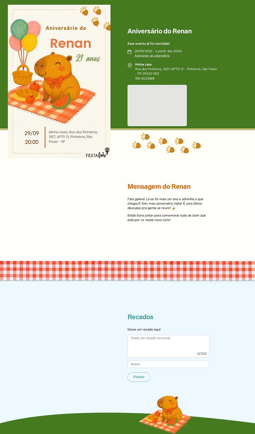 Convite online de aniversário - Capivara Piquenique| FestaLab
