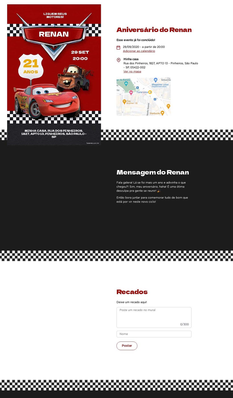 Convite online de aniversário - Carros vermelho| FestaLab