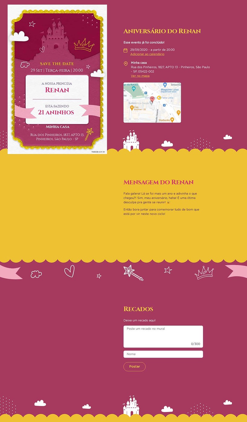 Convite online de aniversário - Castelo encantado rosa| FestaLab