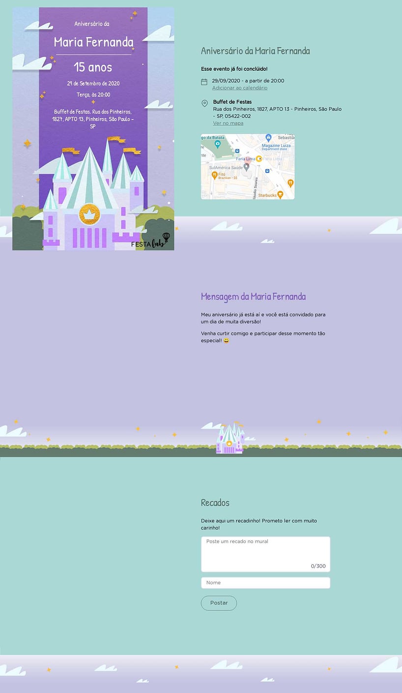 Convite online de aniversário - Castelo Lilás| FestaLab