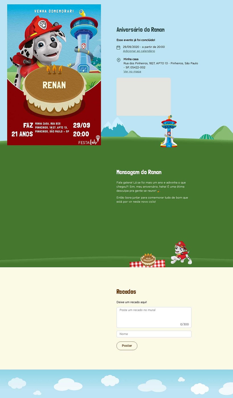 Convite online de aniversário - Celebração do Marshall| FestaLab
