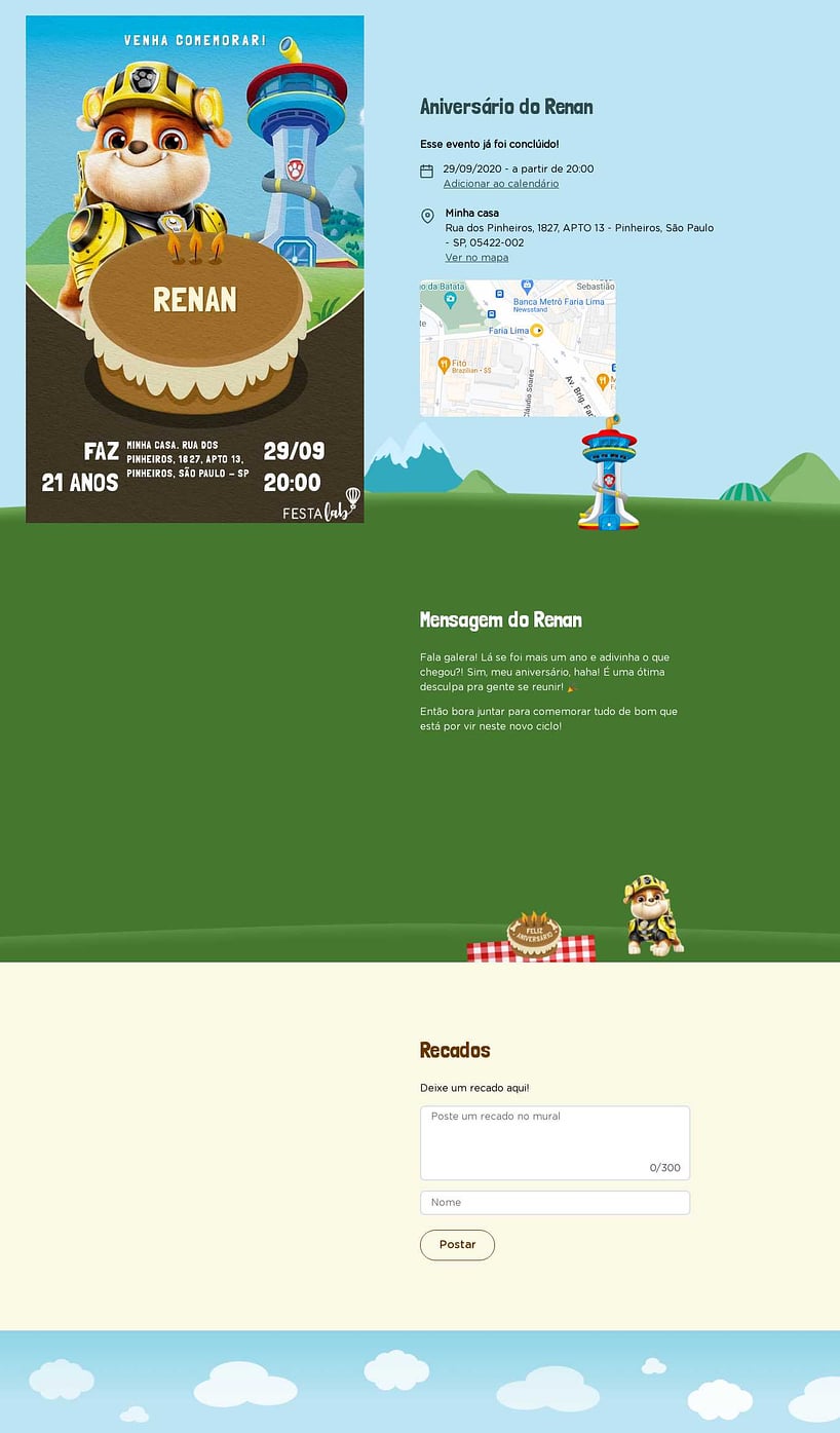 Convite online de aniversário - Celebração do Rubble| FestaLab
