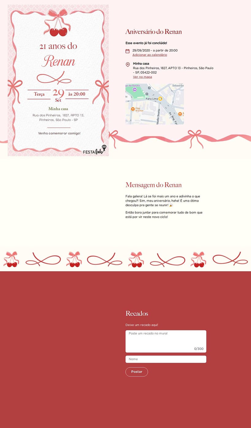 Convite online de aniversário - Cereja com laço| FestaLab