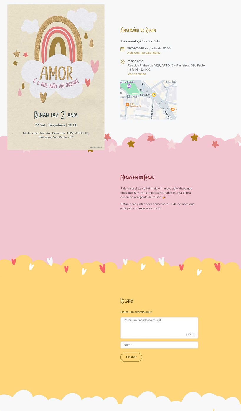 Convite online de aniversário - Chuva de Amor Céu Amarelo| FestaLab
