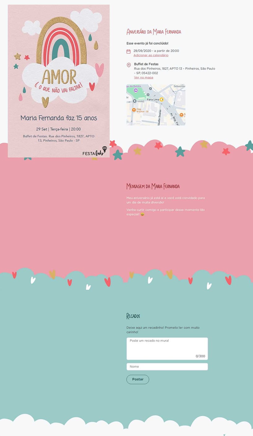 Convite online de aniversário - Chuva de Amor Céu Rosa| FestaLab