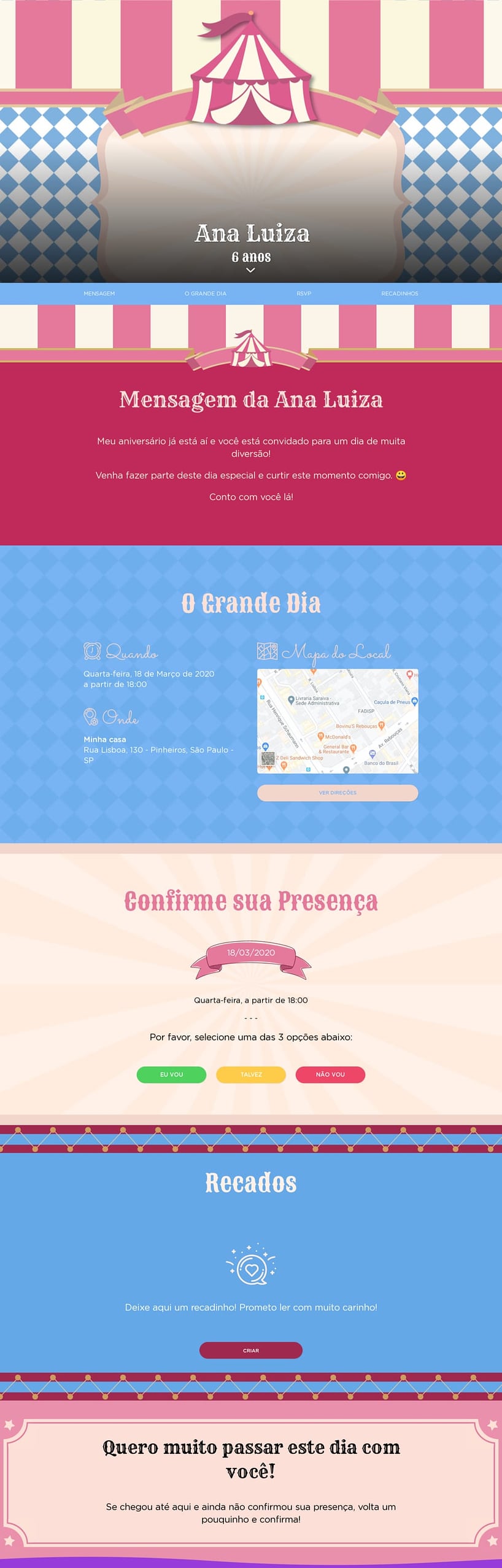Convite online de aniversário - Uma Festa no Circo: Rosa| FestaLab