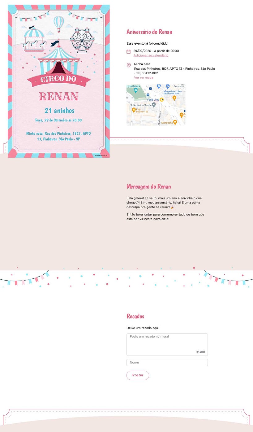 Convite online de aniversário - Circo Rosa| FestaLab